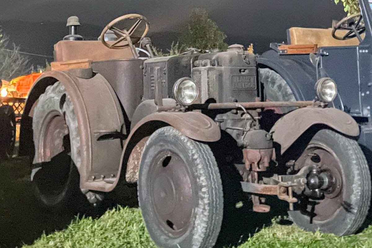 Ein Eilbulldog in Patina steht auf einer grünen Wiese.