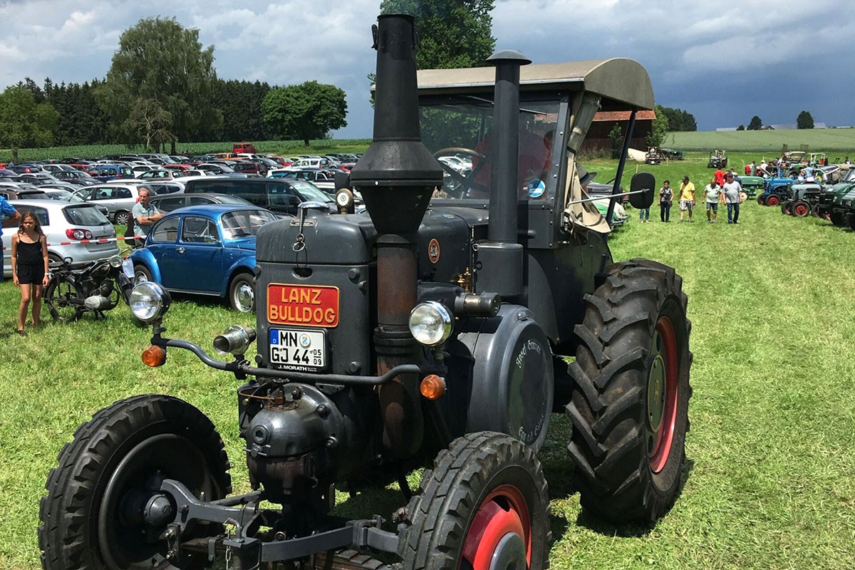 Ein grauer Lanz 9506 steht auf einer Wiese